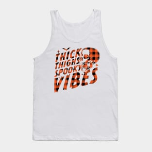 Thick Thighs Spooky Vibes Funny Halloween Skull Orange Plaid Tank Top